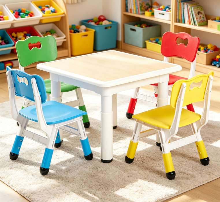 Height-Adjustable Arts & Crafts Table and 4 Chairs Set, Easy-Wipe, Multicolour, Ages 3-8 (5-Piece)
