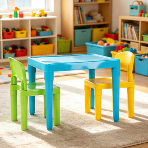 Lightweight Plastic Table and 2 Chairs Set, Easy-Clean, Aqua/Green/Yellow, Indoor & Outdoor