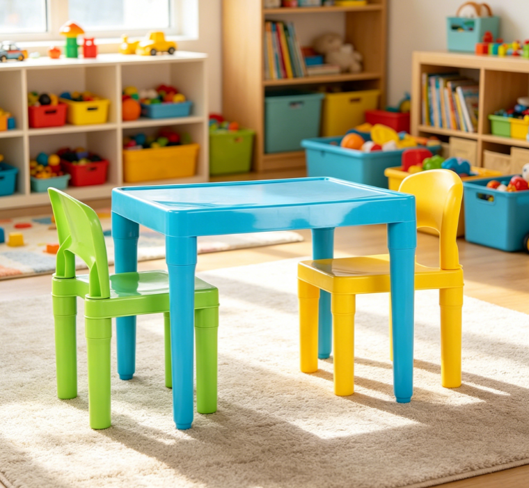 Lightweight Plastic Table and 2 Chairs Set, Easy-Clean, Aqua/Green/Yellow, Indoor & Outdoor