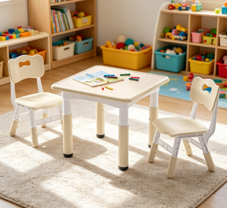 Height-Adjustable Table and 2 Chairs Set, 23.6" Square, Burlywood Graffiti Desktop