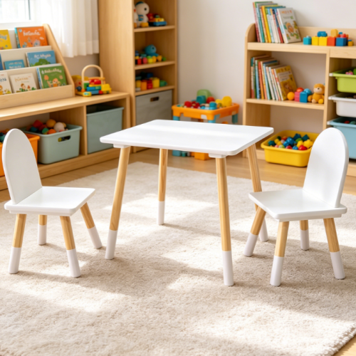 White 3-Piece Table and Chairs Set, Suitable for Playroom, Nursery or Classroom